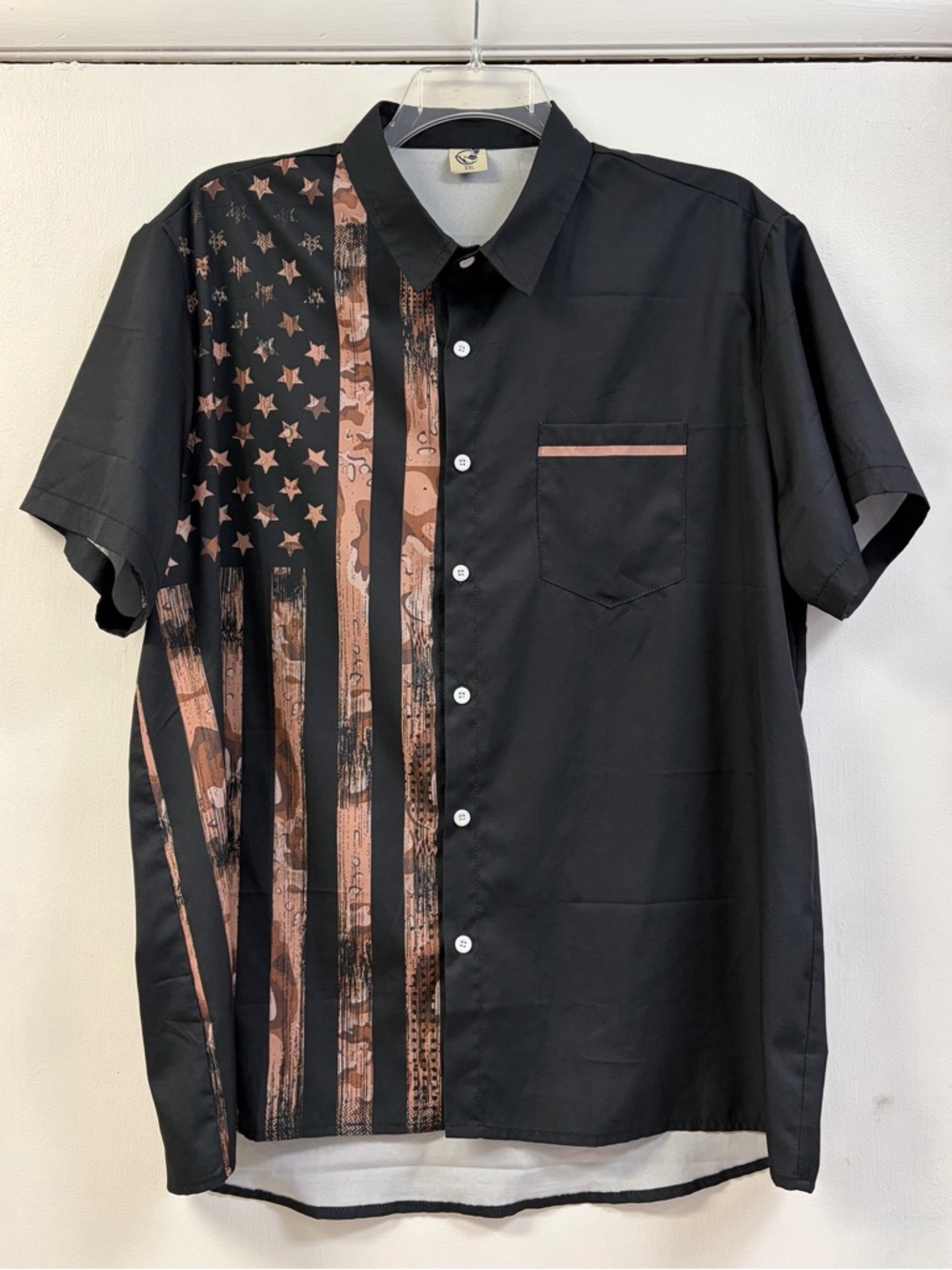 Men's Black Short-Sleeve Button-Up Shirt with Copper Flag Detail